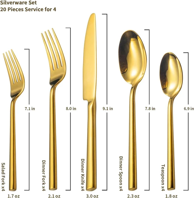 Alt view image 5 of 6 - Potter Gold 20-Piece Forged Silverware Set, Service for 4, Stainless Steel Flatware Set, Modern Design with Mirror Finish, Ideal for Home, Kitchen, Party, Camping