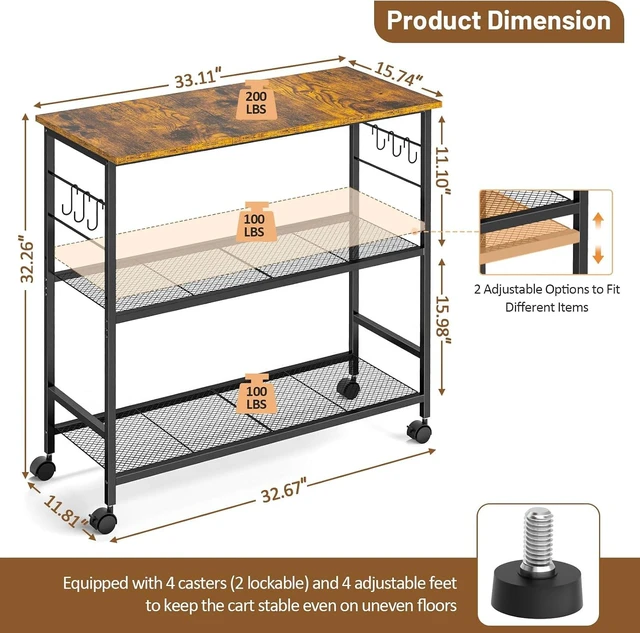 Alt view image 2 of 7 - 3 Tier Rolling Kitchen Microwave Cart, 33 Inch Microwave Table Stand with Adjustable Shelf, Kitchen Storage Island Utility Cart on Lockable Wheels, Bakers Rack Coffee Bar for Living Room, Office