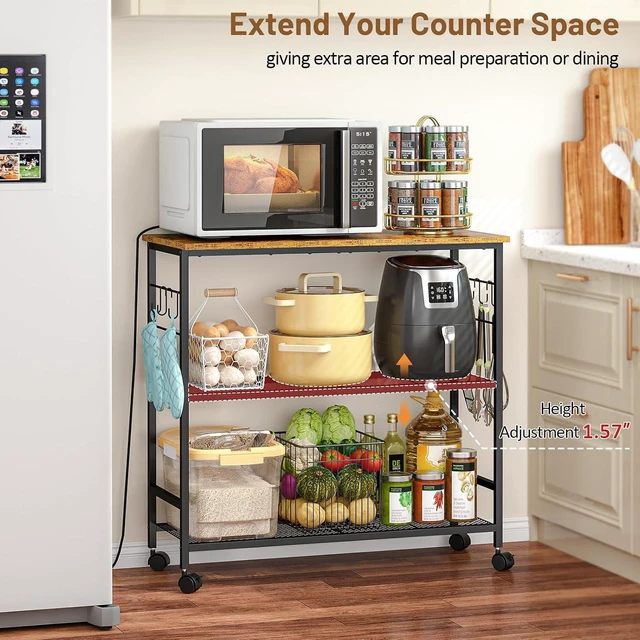 Alt view image 3 of 7 - 3 Tier Rolling Kitchen Microwave Cart, 33 Inch Microwave Table Stand with Adjustable Shelf, Kitchen Storage Island Utility Cart on Lockable Wheels, Bakers Rack Coffee Bar for Living Room, Office