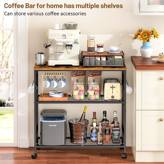 Alt view image 4 of 7 - 3 Tier Rolling Kitchen Microwave Cart, 33 Inch Microwave Table Stand with Adjustable Shelf, Kitchen Storage Island Utility Cart on Lockable Wheels, Bakers Rack Coffee Bar for Living Room, Office