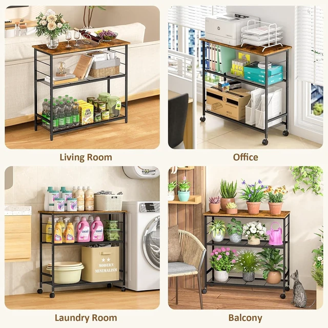 Alt view image 6 of 7 - 3 Tier Rolling Kitchen Microwave Cart, 33 Inch Microwave Table Stand with Adjustable Shelf, Kitchen Storage Island Utility Cart on Lockable Wheels, Bakers Rack Coffee Bar for Living Room, Office