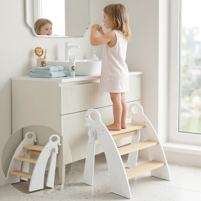 Main image of Wooden 3 Step Stool for Kids Bathroom Sink Foldable Anti-Slip, Child Stepping Stool for Kitchen Nursery Bedroom, Sturdy Non Slip Adult Stool for Closet