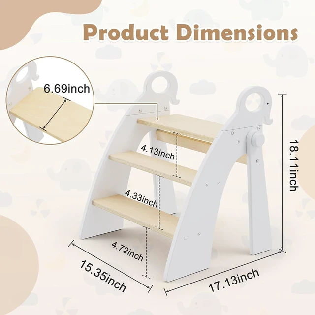 Alt view image 3 of 6 - Wooden 3 Step Stool for Kids Bathroom Sink Foldable Anti-Slip, Child Stepping Stool for Kitchen Nursery Bedroom, Sturdy Non Slip Adult Stool for Closet