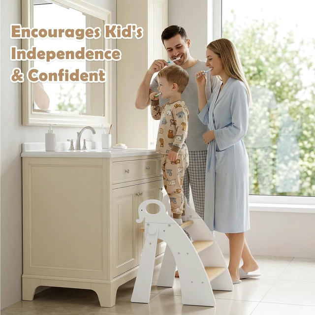Alt view image 5 of 6 - Wooden 3 Step Stool for Kids Bathroom Sink Foldable Anti-Slip, Child Stepping Stool for Kitchen Nursery Bedroom, Sturdy Non Slip Adult Stool for Closet