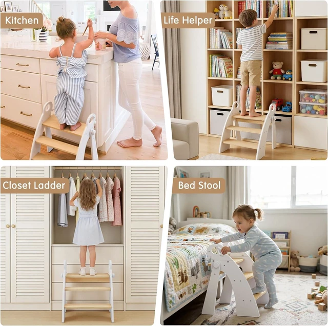 Alt view image 6 of 6 - Wooden 3 Step Stool for Kids Bathroom Sink Foldable Anti-Slip, Child Stepping Stool for Kitchen Nursery Bedroom, Sturdy Non Slip Adult Stool for Closet