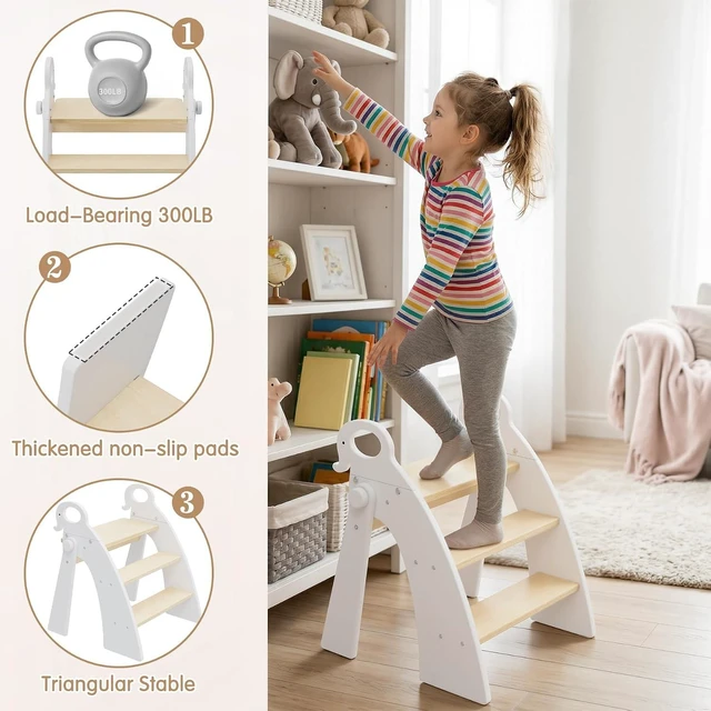 Alt view image 4 of 6 - Wooden 3 Step Stool for Kids Bathroom Sink Foldable Anti-Slip, Child Stepping Stool for Kitchen Nursery Bedroom, Sturdy Non Slip Adult Stool for Closet