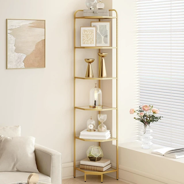 Main image of Corner Shelf Stand, 6-Tier Glass Bookshelf Bookcase, Plant Stand