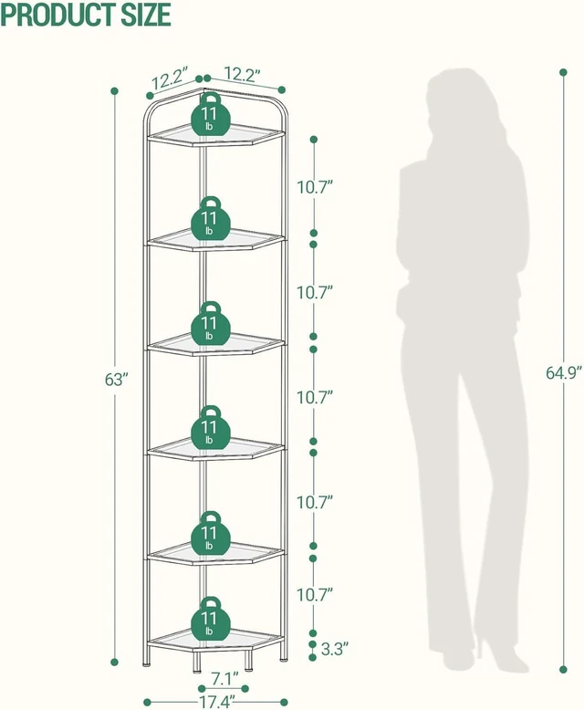 Alt view image 2 of 7 - Corner Shelf Stand, 6-Tier Glass Bookshelf Bookcase, Plant Stand