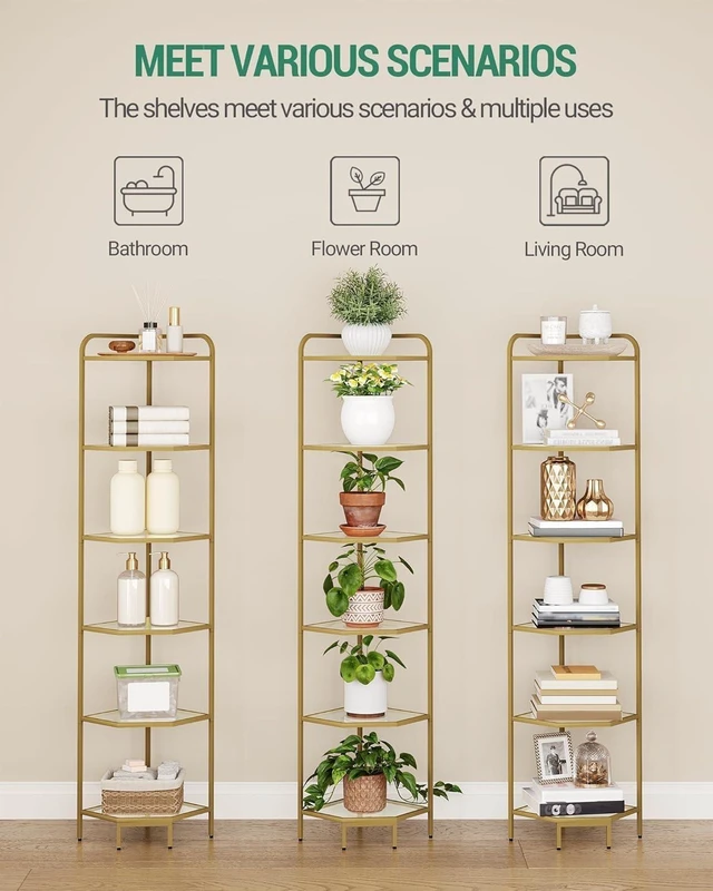 Alt view image 5 of 7 - Corner Shelf Stand, 6-Tier Glass Bookshelf Bookcase, Plant Stand