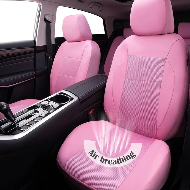 Alt view image 2 of 7 - Pink Leather Seat Cover Automotive Breathable Universal Car Seat Cover Set Package-Super 5mm Sponge Inside,Airbag Compatible, Interior Cover Cute for Women Car Truck Van All Pink