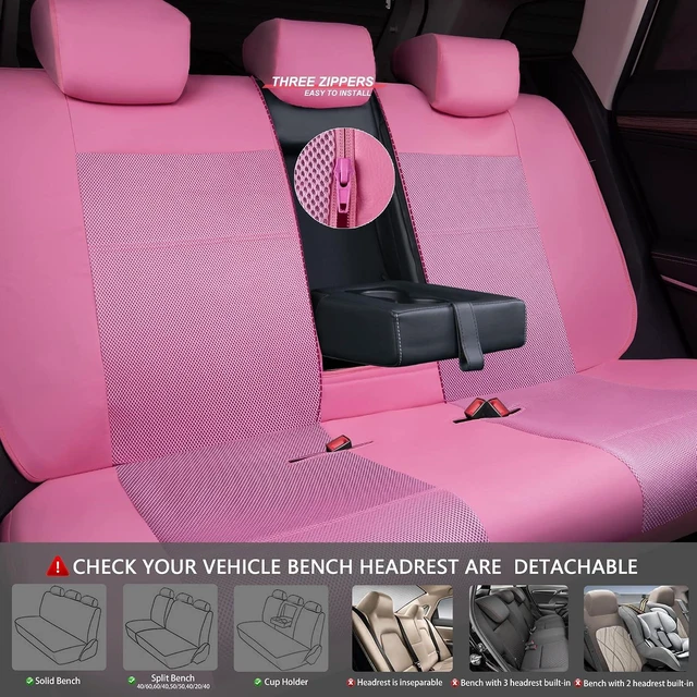 Alt view image 4 of 7 - Pink Leather Seat Cover Automotive Breathable Universal Car Seat Cover Set Package-Super 5mm Sponge Inside,Airbag Compatible, Interior Cover Cute for Women Car Truck Van All Pink