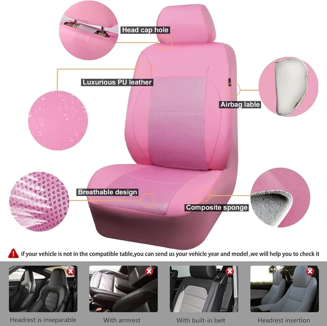Alt view image 7 of 7 - Pink Leather Seat Cover Automotive Breathable Universal Car Seat Cover Set Package-Super 5mm Sponge Inside,Airbag Compatible, Interior Cover Cute for Women Car Truck Van All Pink