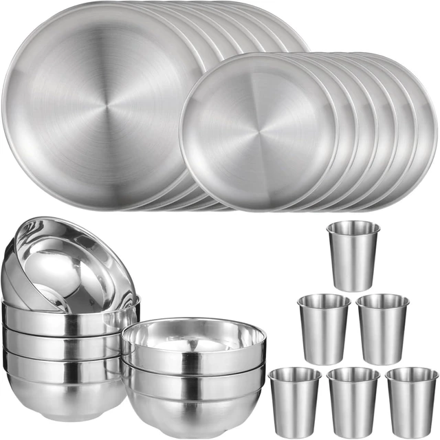 Main image of 24 PCS Stainless Steel Dinnerware Set, Includes 12PCS 6.7 & 10.2 in Plates, 6 Pieces Bowls and 6 Pieces Cups, 304 Reusable Camping Mess Kits for Home Kitchen, Dorm and Outdoor Picnic (Silver)