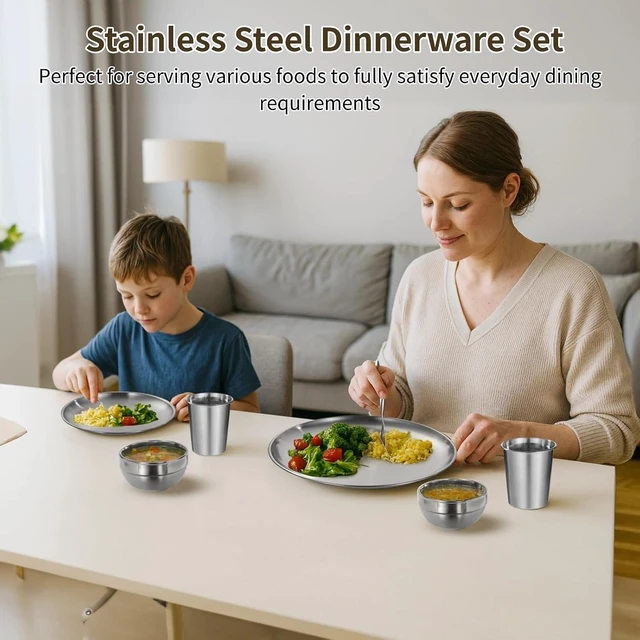 Alt view image 2 of 6 - 24 PCS Stainless Steel Dinnerware Set, Includes 12PCS 6.7 & 10.2 in Plates, 6 Pieces Bowls and 6 Pieces Cups, 304 Reusable Camping Mess Kits for Home Kitchen, Dorm and Outdoor Picnic (Silver)