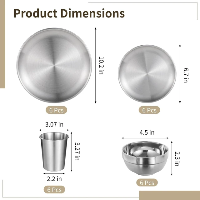 Alt view image 4 of 6 - 24 PCS Stainless Steel Dinnerware Set, Includes 12PCS 6.7 & 10.2 in Plates, 6 Pieces Bowls and 6 Pieces Cups, 304 Reusable Camping Mess Kits for Home Kitchen, Dorm and Outdoor Picnic (Silver)
