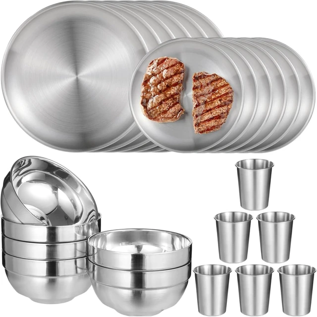 Alt view image 6 of 6 - 24 PCS Stainless Steel Dinnerware Set, Includes 12PCS 6.7 & 10.2 in Plates, 6 Pieces Bowls and 6 Pieces Cups, 304 Reusable Camping Mess Kits for Home Kitchen, Dorm and Outdoor Picnic (Silver)