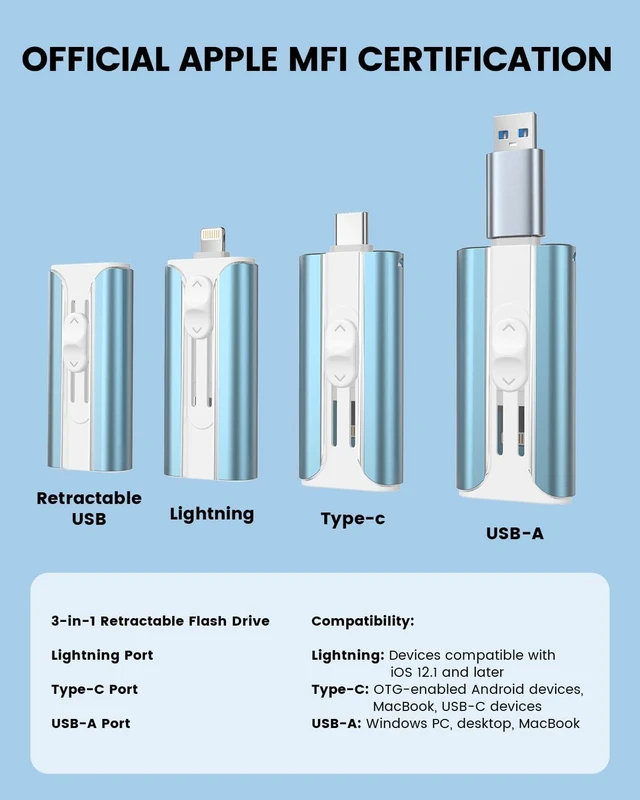 Alt view image 2 of 7 - MFI Certified 512GB Flash Drive Photo Stick and USB Stick Offers Photo/Video Storage, The External Storage is Compatible with iOS, Android, and Pc,1 Pack (Blue)(Available Space: ~484GB)