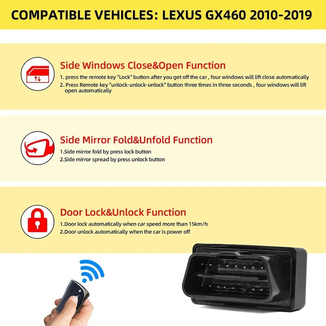 Alt view image 2 of 7 - OBD GX 460 Remote Car Auto Window Lift Close Open Side Mirror Folding Unfold and Door Speed Lock Module Kit for Lexus GX460 2010-2019 Accessories