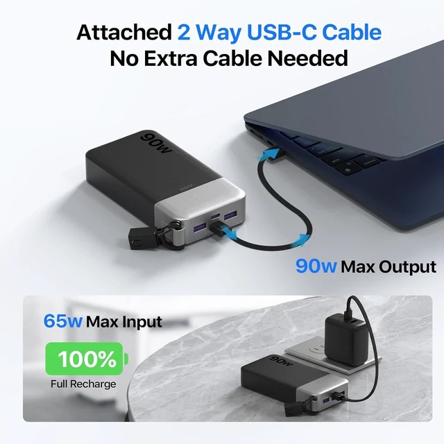 Alt view image 7 of 7 - Power Bank 90W 20000mAh Laptop Portable Charger with Detachable Cable
