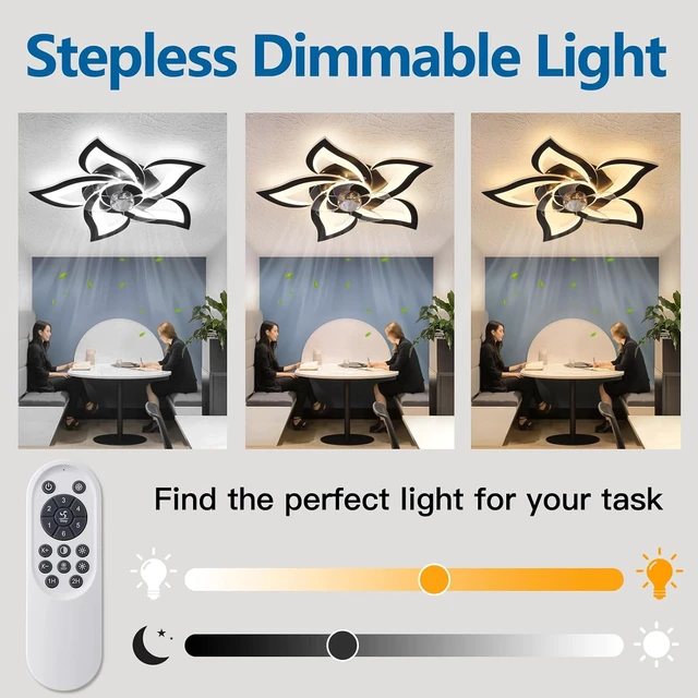 Alt view image 3 of 7 - 24" Black Flower Ceiling Fan with Lights Remote Control, LED Dimmable Modern Low Profile Flush Mount Ceiling Fan with Remote for Kitchen Bedroom