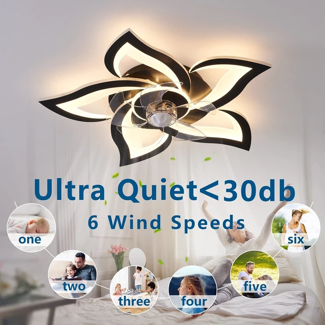 Alt view image 5 of 7 - 24" Black Flower Ceiling Fan with Lights Remote Control, LED Dimmable Modern Low Profile Flush Mount Ceiling Fan with Remote for Kitchen Bedroom