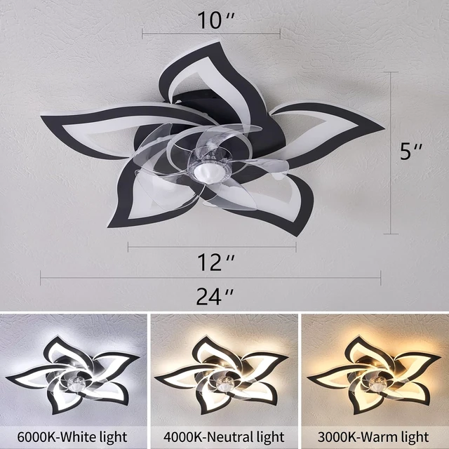 Alt view image 6 of 7 - 24" Black Flower Ceiling Fan with Lights Remote Control, LED Dimmable Modern Low Profile Flush Mount Ceiling Fan with Remote for Kitchen Bedroom