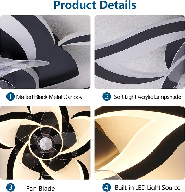 Alt view image 7 of 7 - 24" Black Flower Ceiling Fan with Lights Remote Control, LED Dimmable Modern Low Profile Flush Mount Ceiling Fan with Remote for Kitchen Bedroom