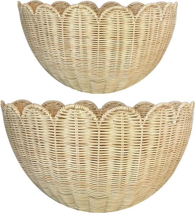Main image of Scalloped Wall Basket, 2pcs Hand Woven Hanging Wicker Set