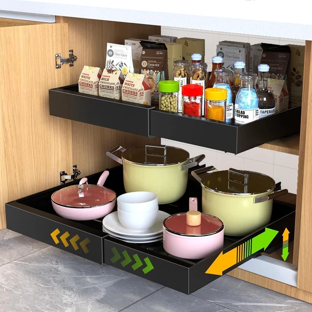 Main image of 2 Pack Pull Out Cabinet Organizer,21" Deep Slide Out Drawer Organizers,No Drill Pull Out Drawers Adhesive with Nano Compatible Framed Cabinets Shelves for Kitchen Pantry Adjustable Width