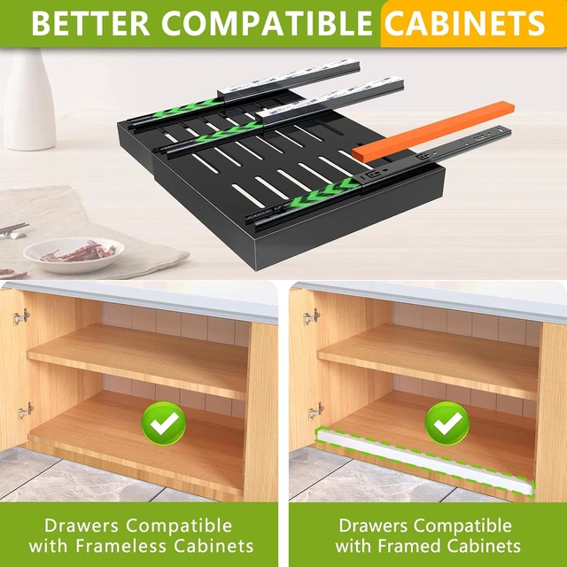Alt view image 2 of 6 - 2 Pack Pull Out Cabinet Organizer,21" Deep Slide Out Drawer Organizers,No Drill Pull Out Drawers Adhesive with Nano Compatible Framed Cabinets Shelves for Kitchen Pantry Adjustable Width