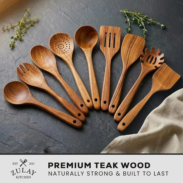 Alt view image 2 of 7 - 9-Piece Teak Wood Cooking Utensil Set Non-Toxic & Non-Stick Safe Wooden Spoons & Kitchen Tools with Comfortable Grip, Smooth Finish Natural Teak Perfect Kitchen Gift Set