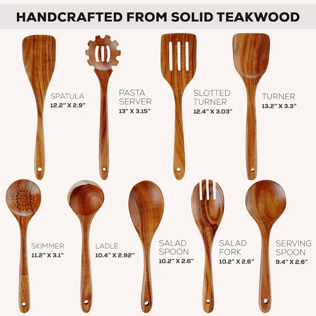 Alt view image 3 of 7 - 9-Piece Teak Wood Cooking Utensil Set Non-Toxic & Non-Stick Safe Wooden Spoons & Kitchen Tools with Comfortable Grip, Smooth Finish Natural Teak Perfect Kitchen Gift Set