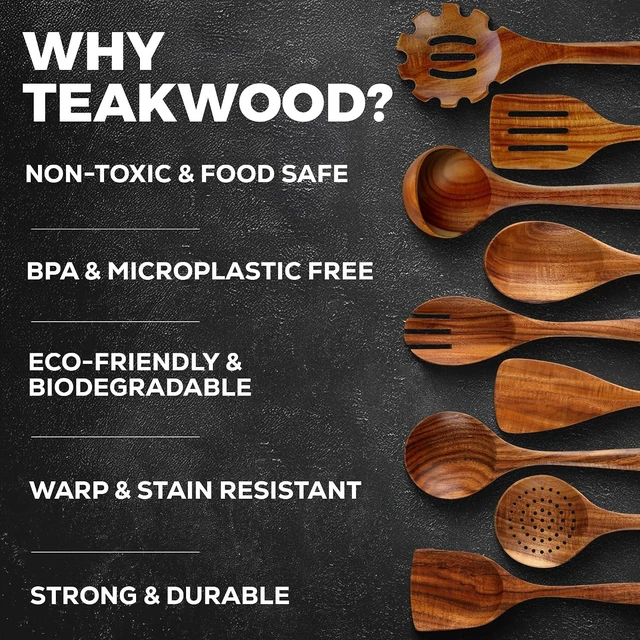 Alt view image 4 of 7 - 9-Piece Teak Wood Cooking Utensil Set Non-Toxic & Non-Stick Safe Wooden Spoons & Kitchen Tools with Comfortable Grip, Smooth Finish Natural Teak Perfect Kitchen Gift Set