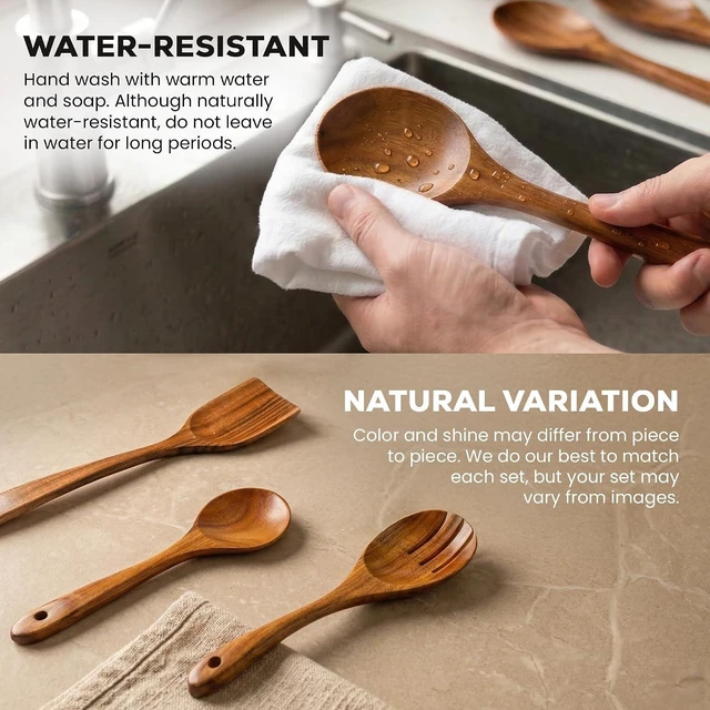 Alt view image 5 of 7 - 9-Piece Teak Wood Cooking Utensil Set Non-Toxic & Non-Stick Safe Wooden Spoons & Kitchen Tools with Comfortable Grip, Smooth Finish Natural Teak Perfect Kitchen Gift Set