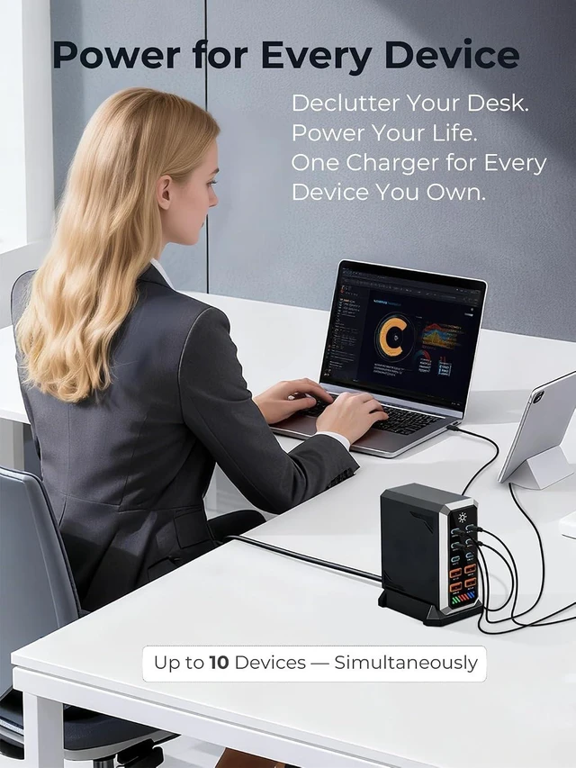Alt view image 2 of 7 - 10-Port GAN Charging Station 660W, Dual 140W USBC Power Block Multiport