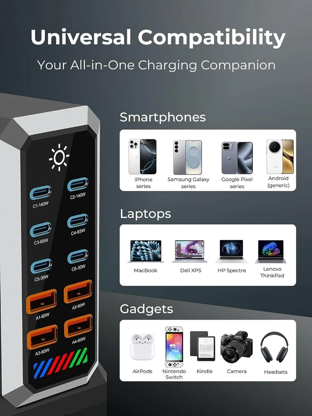 Alt view image 3 of 7 - 10-Port GAN Charging Station 660W, Dual 140W USBC Power Block Multiport