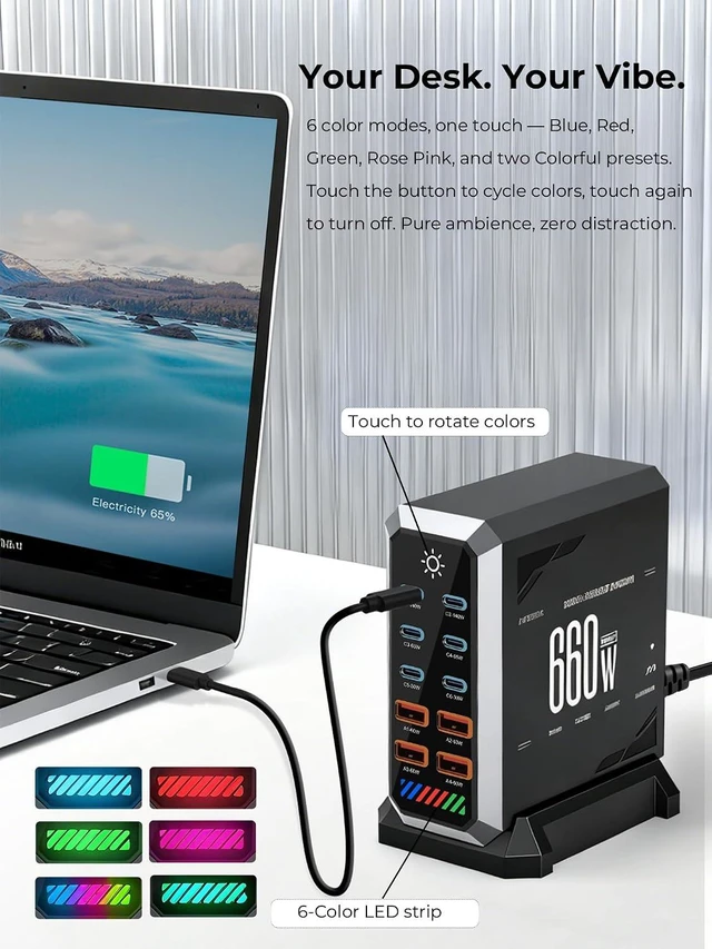 Alt view image 5 of 7 - 10-Port GAN Charging Station 660W, Dual 140W USBC Power Block Multiport