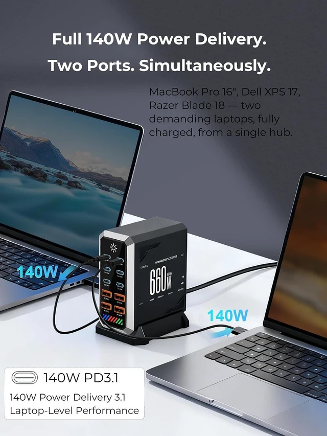 Alt view image 7 of 7 - 10-Port GAN Charging Station 660W, Dual 140W USBC Power Block Multiport
