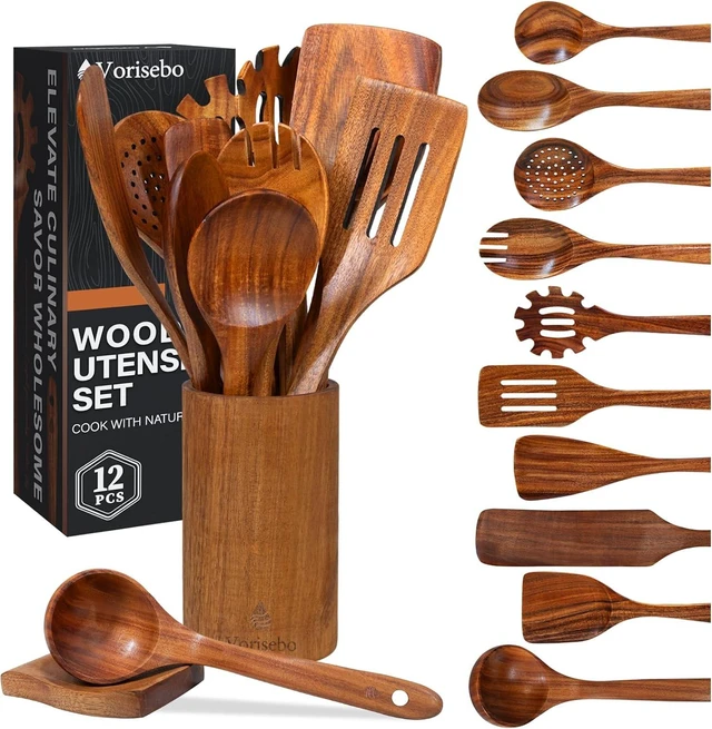 Main image of 12 Pcs Teak Wooden Utensils Set, Wooden Spoons for Cooking
