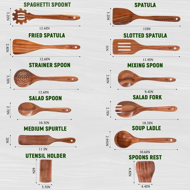 Alt view image 4 of 6 - 12 Pcs Teak Wooden Utensils Set, Wooden Spoons for Cooking