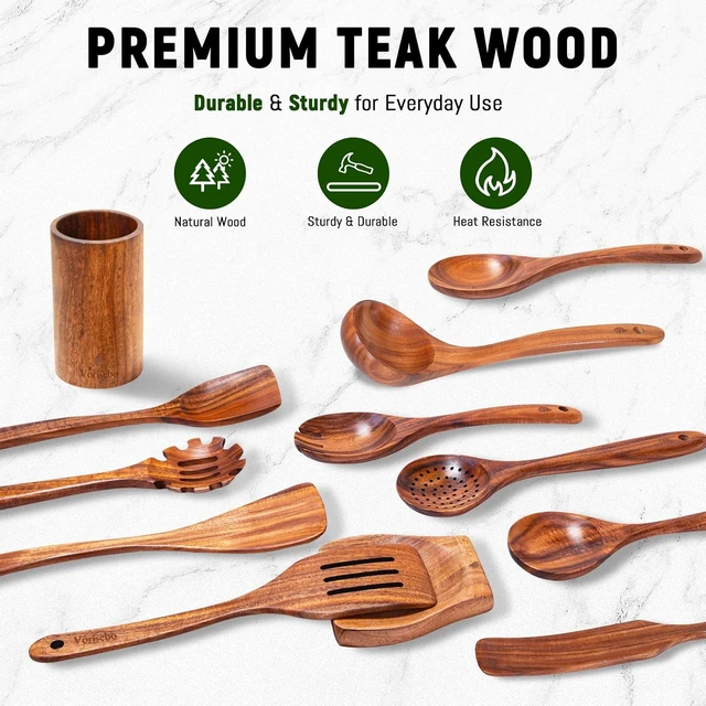 Alt view image 5 of 6 - 12 Pcs Teak Wooden Utensils Set, Wooden Spoons for Cooking