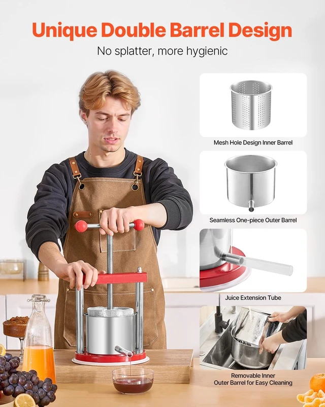 Alt view image 5 of 7 - 0.44 Gal/1.65L Fruit Wine Press, 2 Stainless Steel Barrels, Manual Juice Maker, Cider Grape Tincture Honey Olive Oil Making Press with T-Handle for Outdoor Kitchen Home