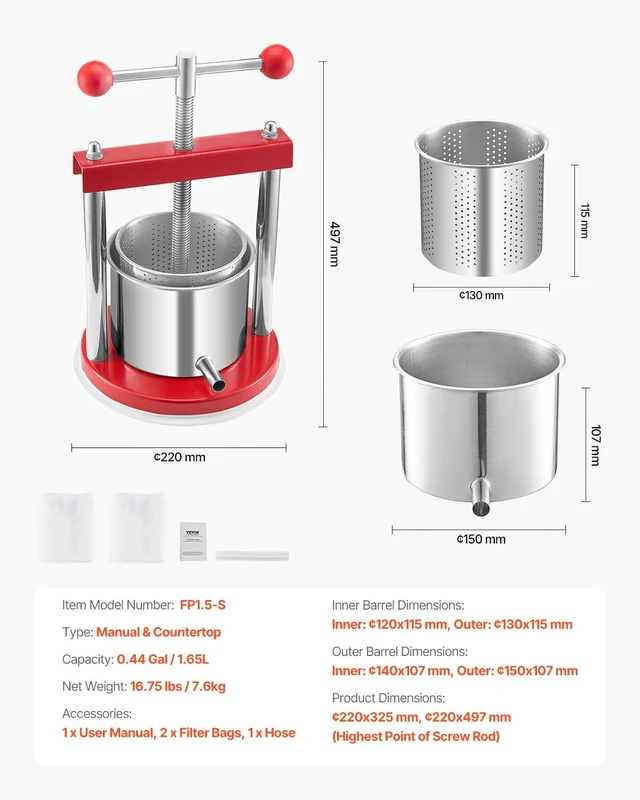 Alt view image 7 of 7 - 0.44 Gal/1.65L Fruit Wine Press, 2 Stainless Steel Barrels, Manual Juice Maker, Cider Grape Tincture Honey Olive Oil Making Press with T-Handle for Outdoor Kitchen Home