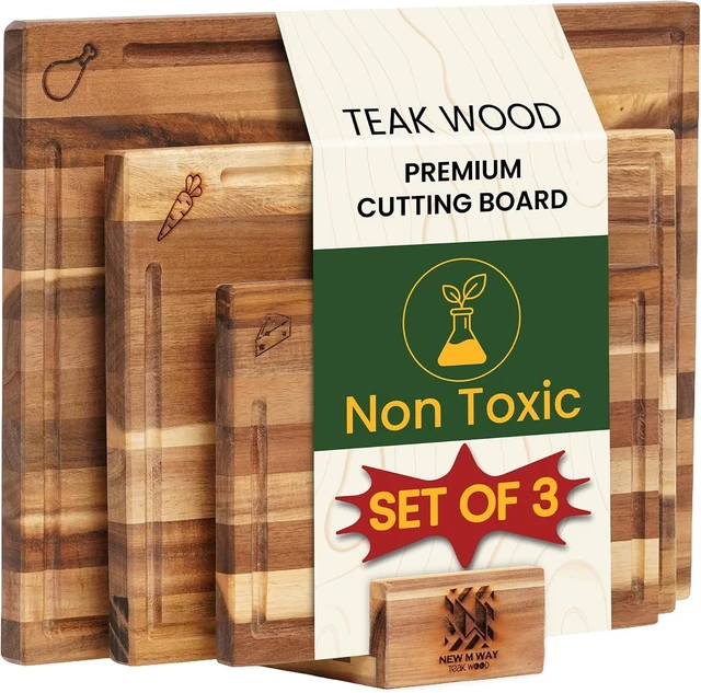 Main image of Teak Wood Cutting Board Set of 3 w/Stand, Deep Juice Groove, Solid Hardwood Non-Toxic & Knife Friendly Boards, Small Medium Large Sizes for Kitchen Meat, Veggies & Cheese by New M Way