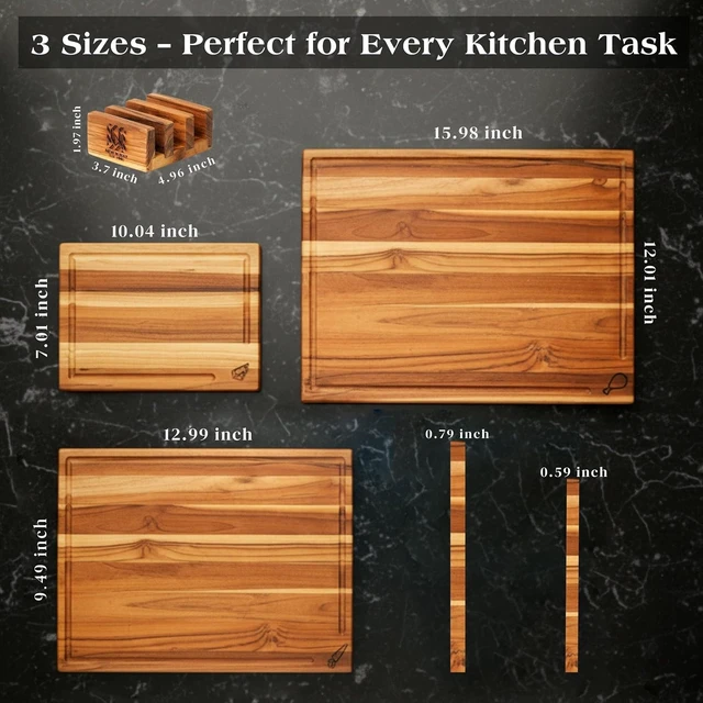 Alt view image 2 of 7 - Teak Wood Cutting Board Set of 3 w/Stand, Deep Juice Groove, Solid Hardwood Non-Toxic & Knife Friendly Boards, Small Medium Large Sizes for Kitchen Meat, Veggies & Cheese by New M Way
