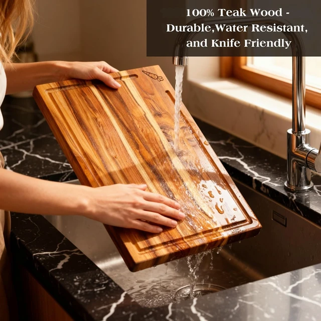 Alt view image 4 of 7 - Teak Wood Cutting Board Set of 3 w/Stand, Deep Juice Groove, Solid Hardwood Non-Toxic & Knife Friendly Boards, Small Medium Large Sizes for Kitchen Meat, Veggies & Cheese by New M Way