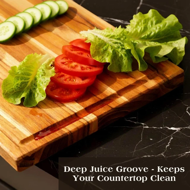 Alt view image 5 of 7 - Teak Wood Cutting Board Set of 3 w/Stand, Deep Juice Groove, Solid Hardwood Non-Toxic & Knife Friendly Boards, Small Medium Large Sizes for Kitchen Meat, Veggies & Cheese by New M Way