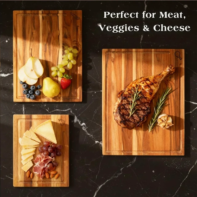 Alt view image 6 of 7 - Teak Wood Cutting Board Set of 3 w/Stand, Deep Juice Groove, Solid Hardwood Non-Toxic & Knife Friendly Boards, Small Medium Large Sizes for Kitchen Meat, Veggies & Cheese by New M Way