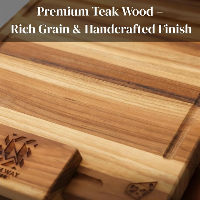 Alt view image 7 of 7 - Teak Wood Cutting Board Set of 3 w/Stand, Deep Juice Groove, Solid Hardwood Non-Toxic & Knife Friendly Boards, Small Medium Large Sizes for Kitchen Meat, Veggies & Cheese by New M Way