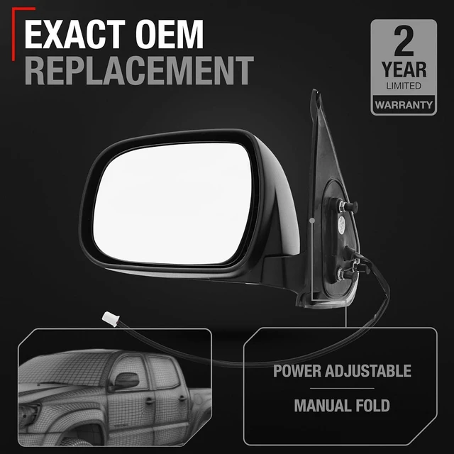 Alt view image 2 of 7 - Driver Side Mirror Replacement - Compatible with 2005-2011 Toyota Tacoma - Powered Adjustment, Manual Folding, Flat Glass - Textured Black, 5H3P - OEM 87940-04180, TO1320256